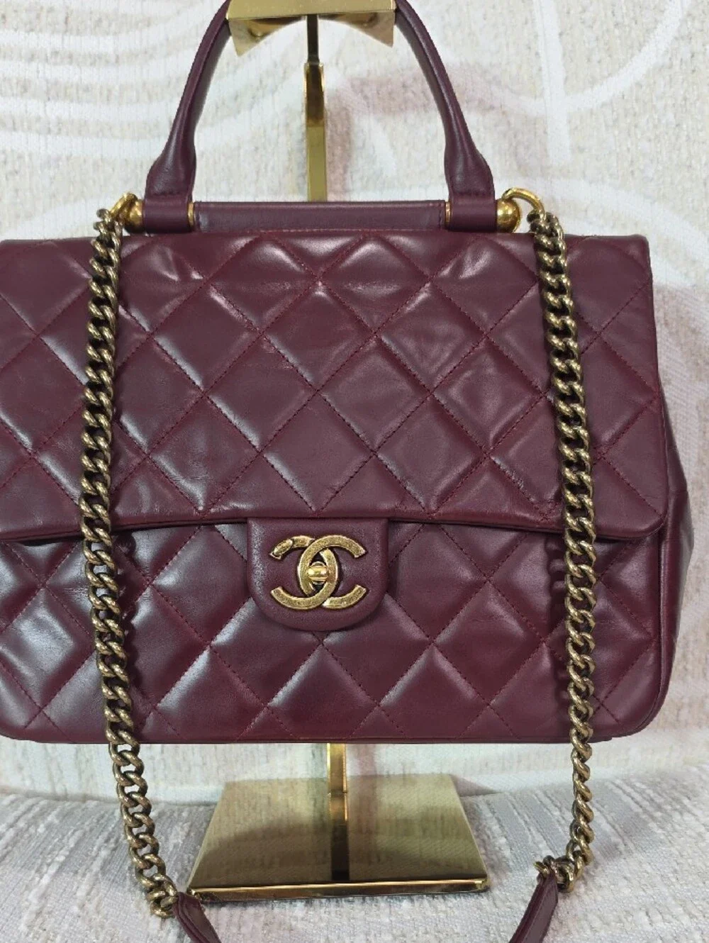 CHANEL Crinkle Leather Top-Hnadle Flap Bag in Deep Burgundy with Gold Hardware